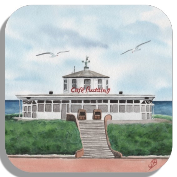 Coasters glass coasters 9,5 x  9,5 cm Watercolor Maritime Art Print North Sea Island Wangerooge Café Pudding - WG4