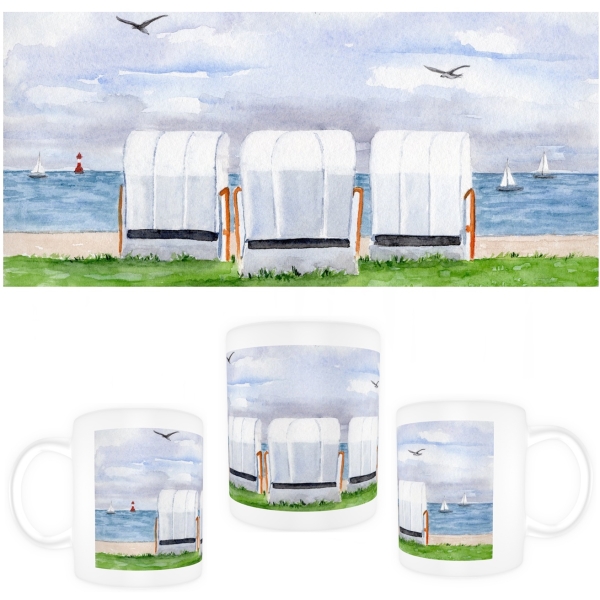 Tasse Becher Kaffeebecher  Aquarell Maritim Kunst Druck Kunstdruck Nordsee Wilhelmshaven Strandkorb Strand Jadebusen