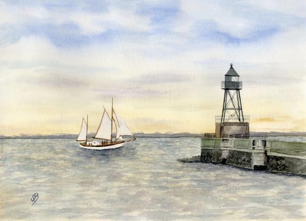 Folienmagnet Aquarell Maritim Kunst Druck Kunstdruck Nordsee Wilhelmshaven Leuchtturm Mole Molenfeuer