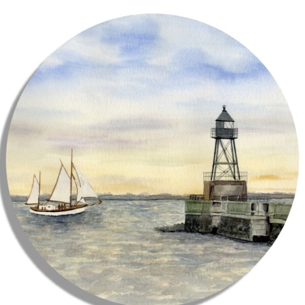 Untersetzer Glasuntersetzer rund 9,5 cm Aquarell Maritim Kunst Druck Kunstdruck Nordsee Wilhelmshaven Leuchtturm Mole Molenfeuer