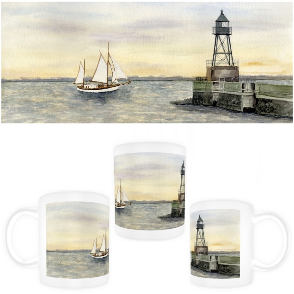 Tasse Becher Kaffeebecher Aquarell Maritim Kunst Druck Kunstdruck Nordsee Wilhelmshaven Leuchtturm Mole Molenfeuer