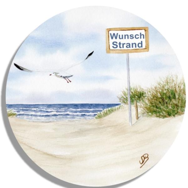 Untersetzer Glasuntersetzer rund 9,5 cm  Aquarell Maritim Kunst Druck Kunstdruck Dänemark Nordsee Ostsee Meer Möwe Strand Dünen Wunschname