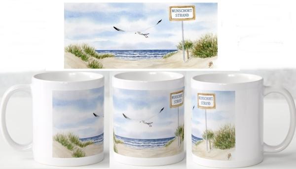 Tasse Becher Kaffeebecher Aquarell Maritim Kunst Druck Kunstdruck Dänemark Nordsee Ostsee Meer Möwe Strand Dünen Wunschname