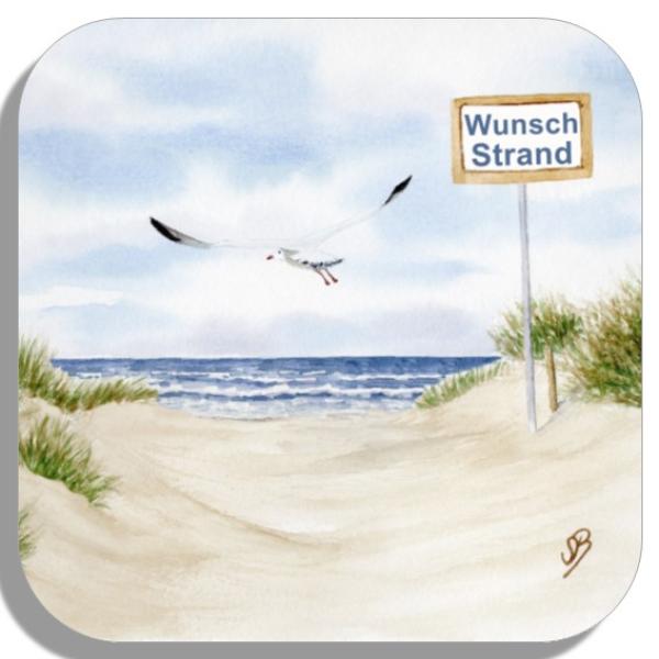 Untersetzer Glasuntersetzer 9,5 x 9,5 cm Aquarell Maritim Kunst Druck Kunstdruck Dänemark Nordsee Ostsee Meer Möwe Strand Dünen Wunschname