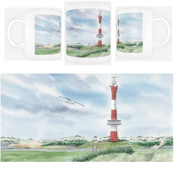 Tasse Becher Kaffeebecher Aquarell Maritim Kunst Druck Kunstdruck Nordsee Neuer Leuchtturm Wangerooge - WG2