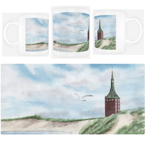 Tasse Becher Kaffeebecher Aquarell Maritim Kunst Druck Kunstdruck Nordsee Insel Wangerooge Jugendherberge - Leuchtturm - WG3