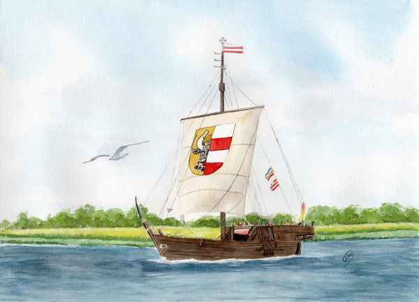 Poster DIN-A4 Aquarell Maritim Kunst Druck Kunstdruck Ostsee Poeler Kogge Wismar - WIS2