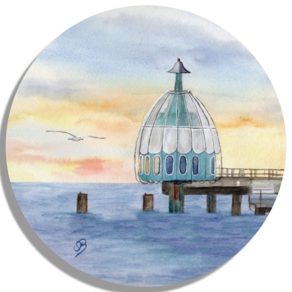 Untersetzer Glasuntersetzer rund 9,5 cm Aquarell Maritim Kunst Druck Kunstdruck Ostsee Zingst - Tauchglocke im Sonnenuntergang - Z2