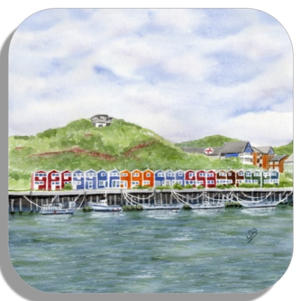 Untersetzer Glasuntersetzer 9,5 x 9,5 cm  Aquarell Maritim Kunst Druck Kunstdruck Nordsee Insel Helgoland Hummerbuden Lange Anna Felsen Hafen Shops