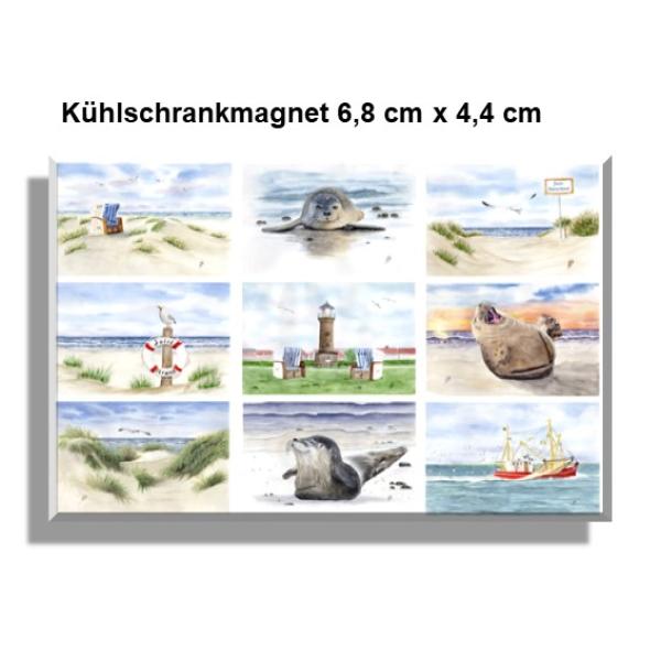 Kühlschrankmagnet  Aquarell Maritim Kunst Druck Kunstdruck Nordsee Strandkorb Leuchtturm Insel Juist Meer Strand Dünen