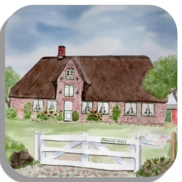 Coasters glass coasters 9,5 x  9,5 cm Watercolor Maritime Art Print North Sea Amrum Island Öömrang House Museum